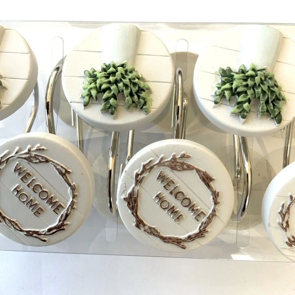 Modern Farmhouse Shower Curtain Hooks Set of 12 Welcome Home White Green Brown